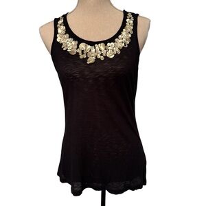 DELETTA ANTHROPOLOGIE TOP TANK BLACK SCOOP NECK SLUB KNIT PAILLETTES BEADS SZ S